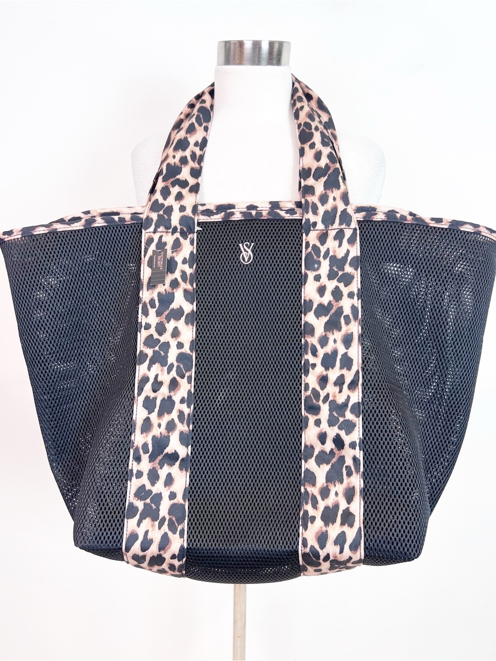 VICTORIA’S SECRET BLACK LEOPARD MESH TOTE BEACH BAG NWT